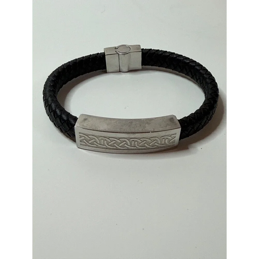 Men's Celtic Leather Knotted Stainless Steel Bracelet